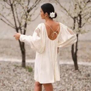 H&M Boho Lace Dolman Mini Dress XXL Ivory Peasant Sleeve Lenzing Viscose